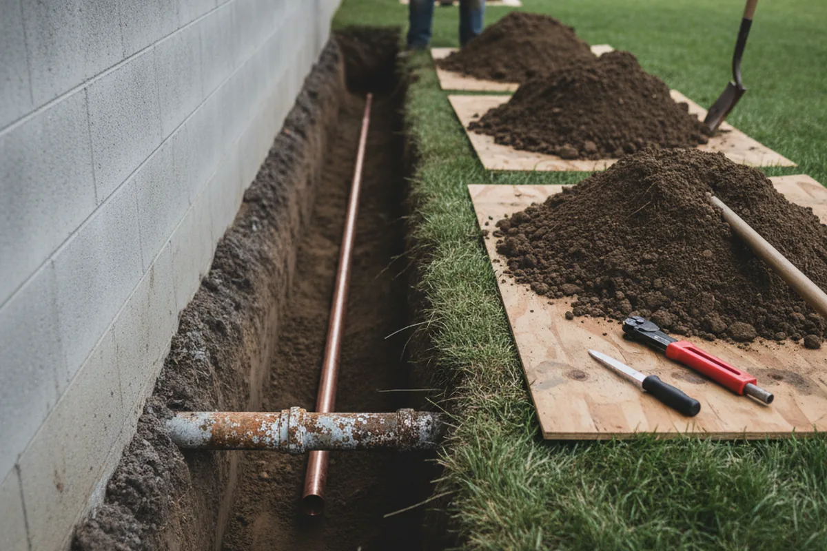 Excavated water line trench during Sewer Line Repair in Neshanic Station